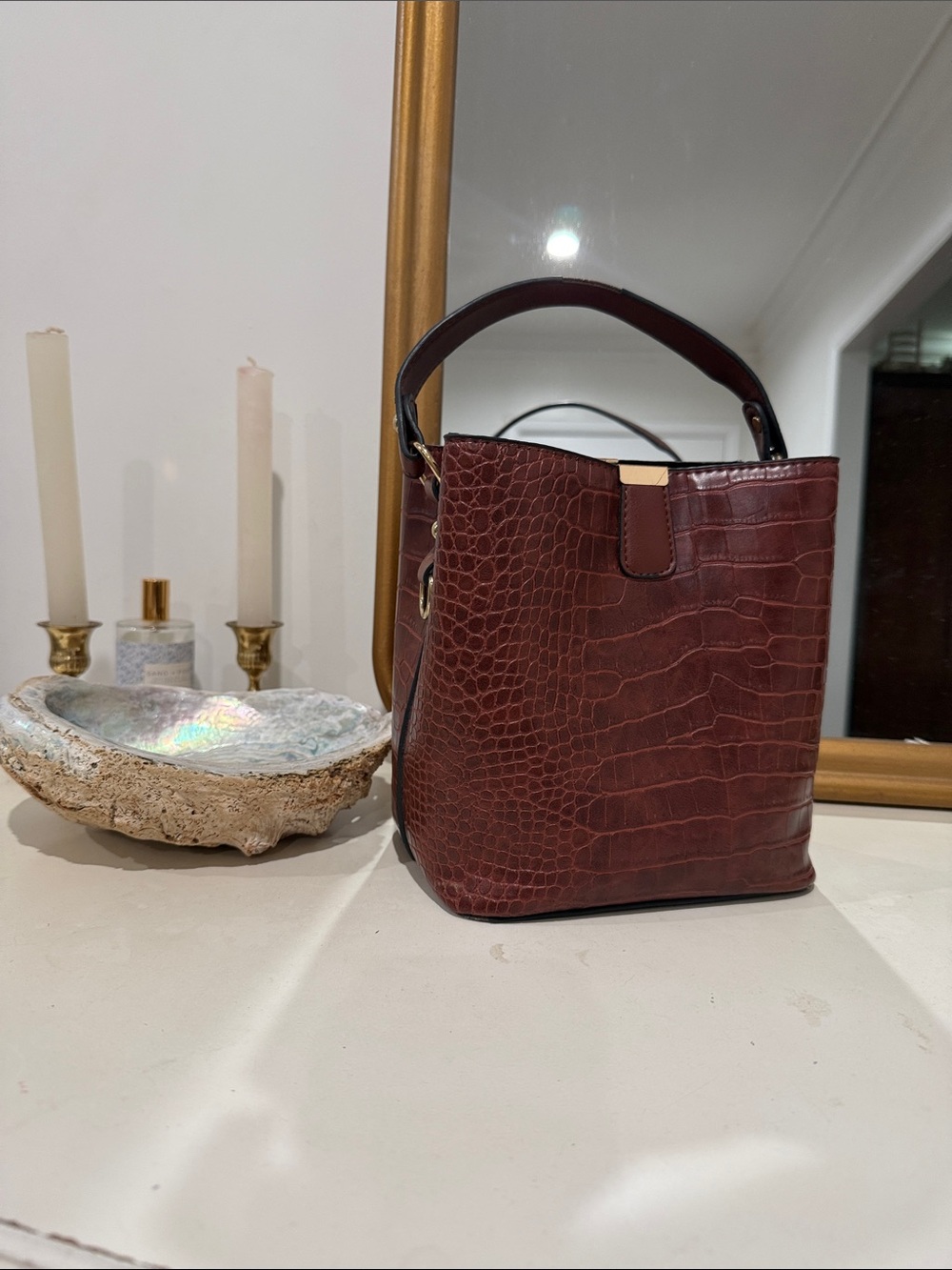 Women's Faux Croc-Embossed Top Handle Bucket Bag